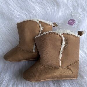 Carter’s Boot Booties Tan Gold Shimmer Hook Loop Closure Sherpa Lined Baby Girl